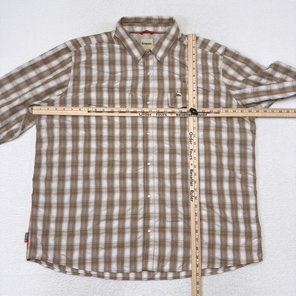 Simms Fishing Shirt Mens Size 3XL Tan Plaid Snap Button Down Outdoors Vented - Picture 9 of 11